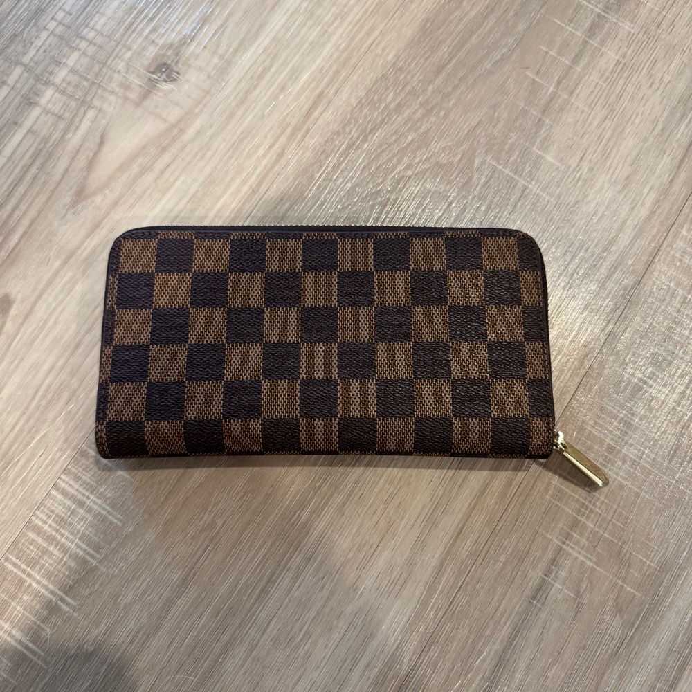 Brown Checkered Zip-Around Wallet